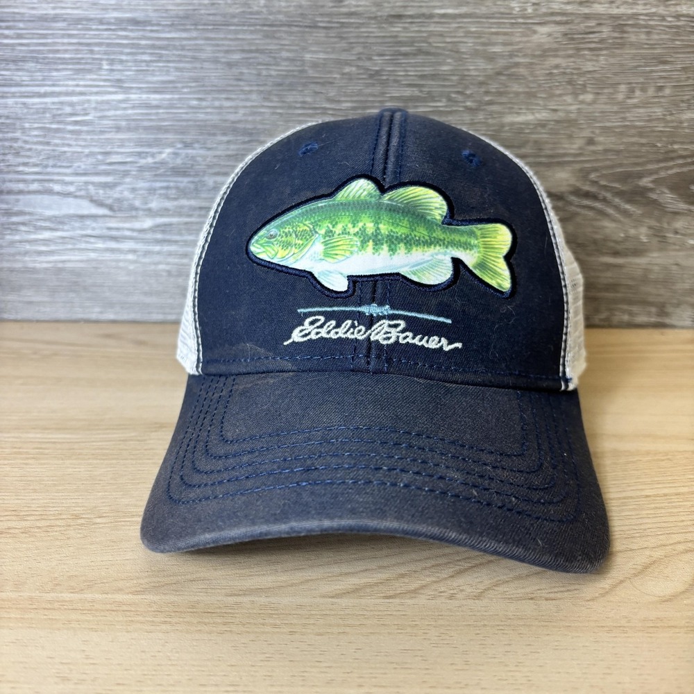 Eddie Bauer Hat Cap Snap Back Navy Blue Mesh Trucker Fish Patch Embroidered Mens